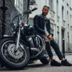 fashionable biker dressed black leather - Thợ Kỹ Thuật