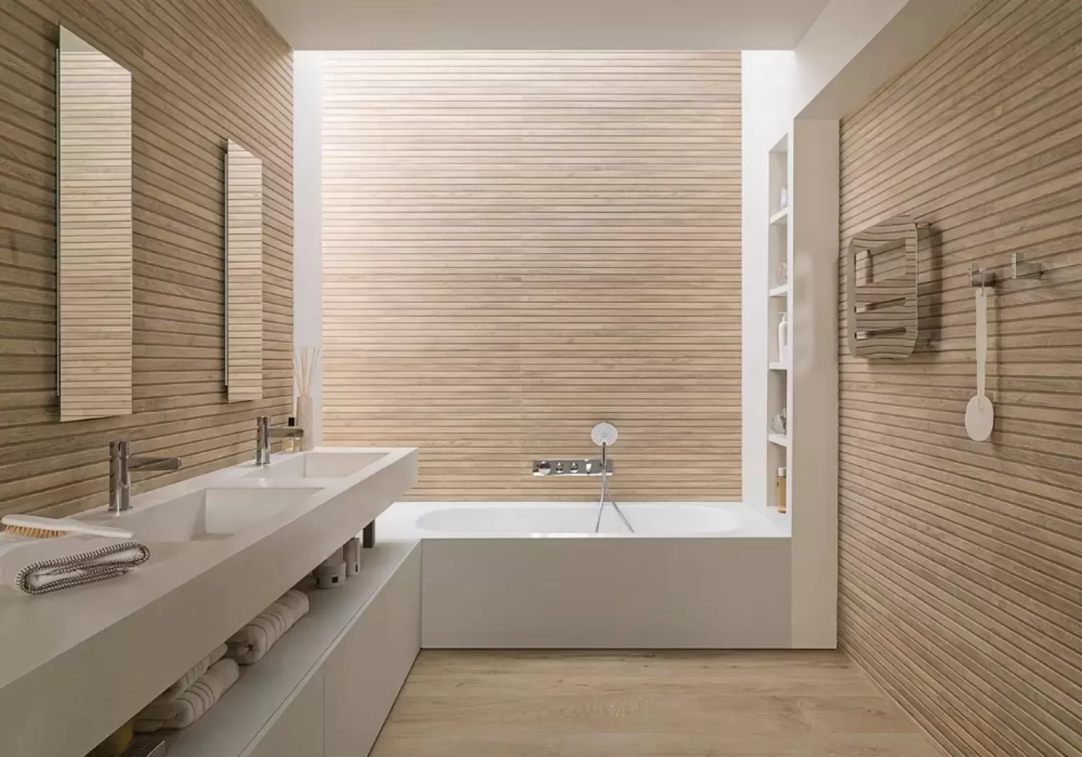 Hình ảnh gạch ốp tường nhà vệ sinh vân đá travertine sang trọng cổ điển