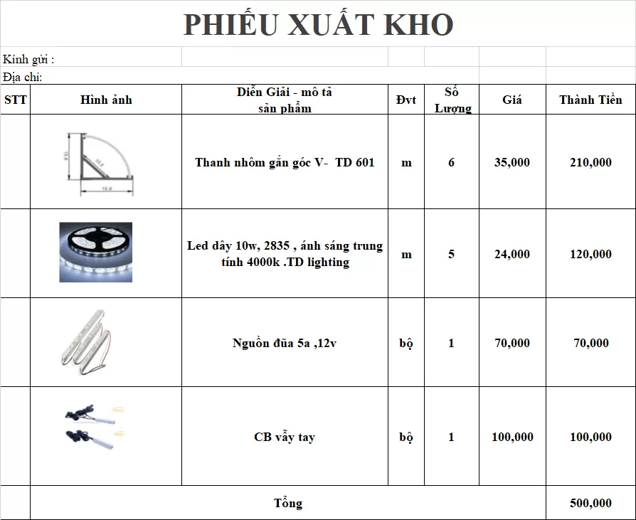 Hình ảnh bảng giá tham khảo vật tư đèn LED tủ bếp, bao gồm thanh nhôm, led dây, nguồn và cảm biến vẫy tay