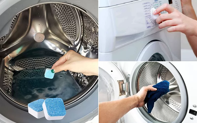 Mở nắp cửa máy giặt để hong khô lồng giặt sau khi vệ sinh