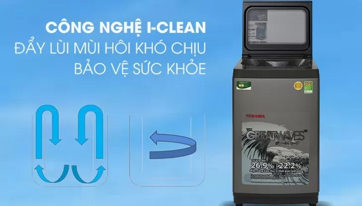 Máy giặt Toshiba 9 kg AW-K1005FV(SG) được trang bị công nghệ I - Clean có thể làm sạch được bề mặt bên ngoài lồng giặt
