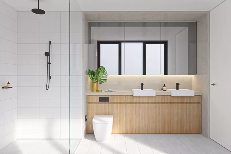 Mẫu nhà vệ sinh đơn giản, tiết kiệm diện tích với bồn cầu treo tường và lavabo góc