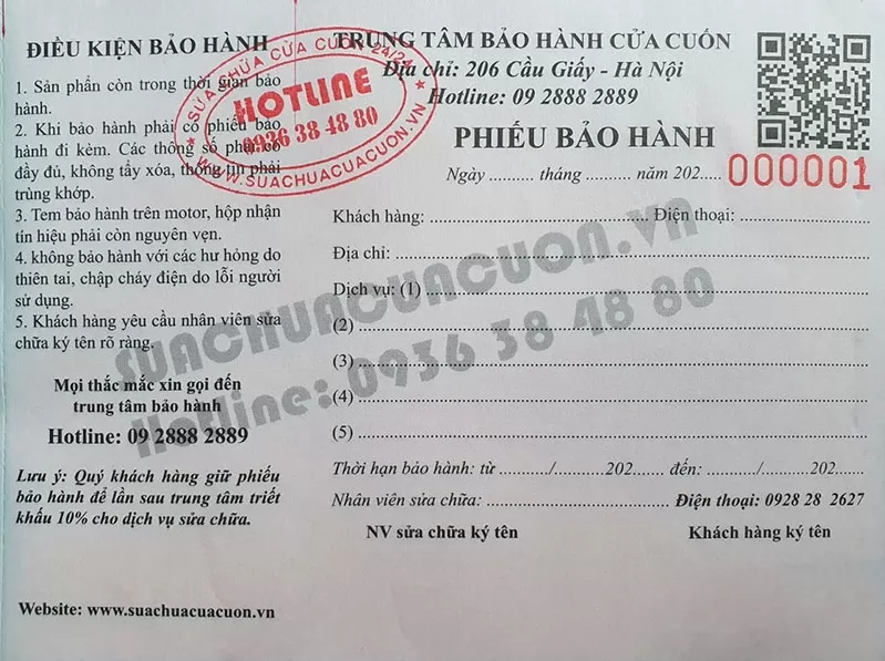 Phiếu bảo hành dịch vụ sửa cửa cuốn tại Thợ Miền Nam
