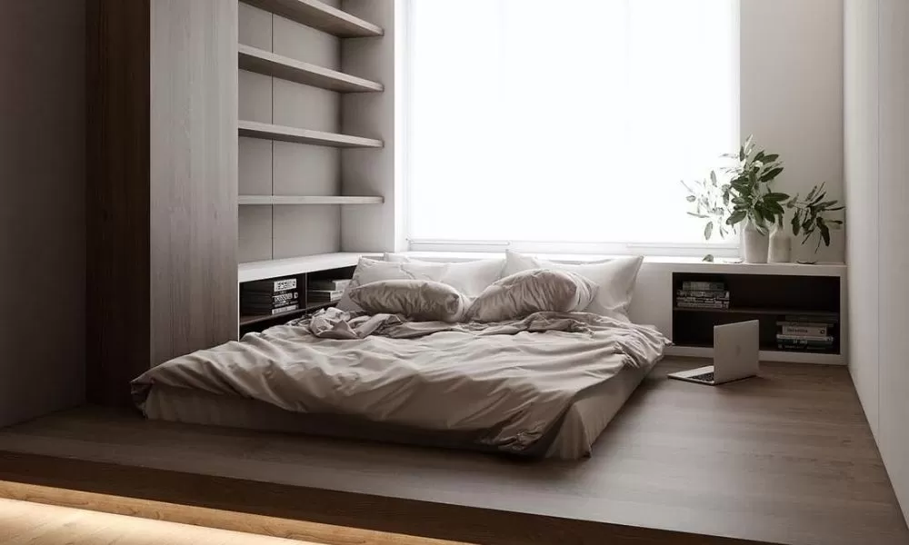 Phòng ngủ 9m2 phong cách tối giản với gam màu trung tính ấm áp, thiết kế tiện nghi, bày trí đơn giản giúp tiết kiệm diện tích.