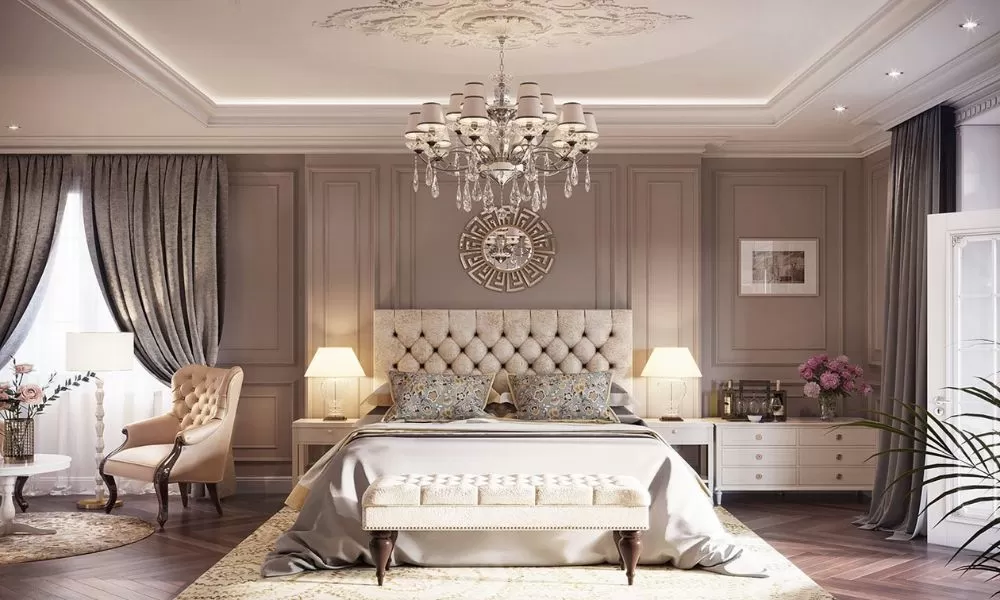 Phòng ngủ 9m2 phong cách tân cổ điển với chiếc ghế bench mềm mại, những đường cong uyển chuyển, tạo điểm nhấn lãng mạn và tinh tế.