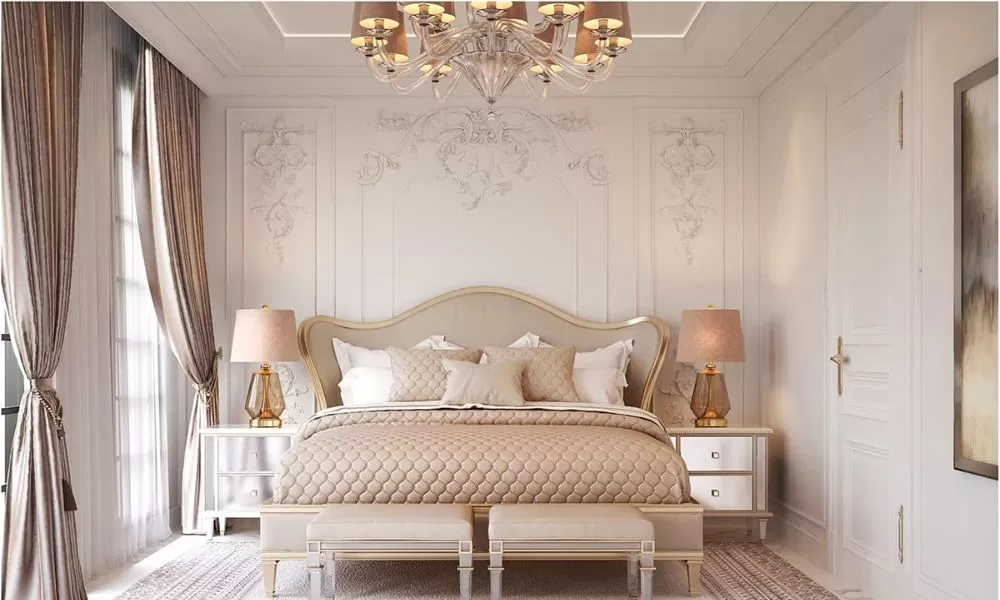 Phòng ngủ 9m2 phong cách tân cổ điển được thiết kế theo tỷ lệ vàng, đối xứng và hài hòa, mang đến vẻ đẹp cân đối và hoàn mỹ.