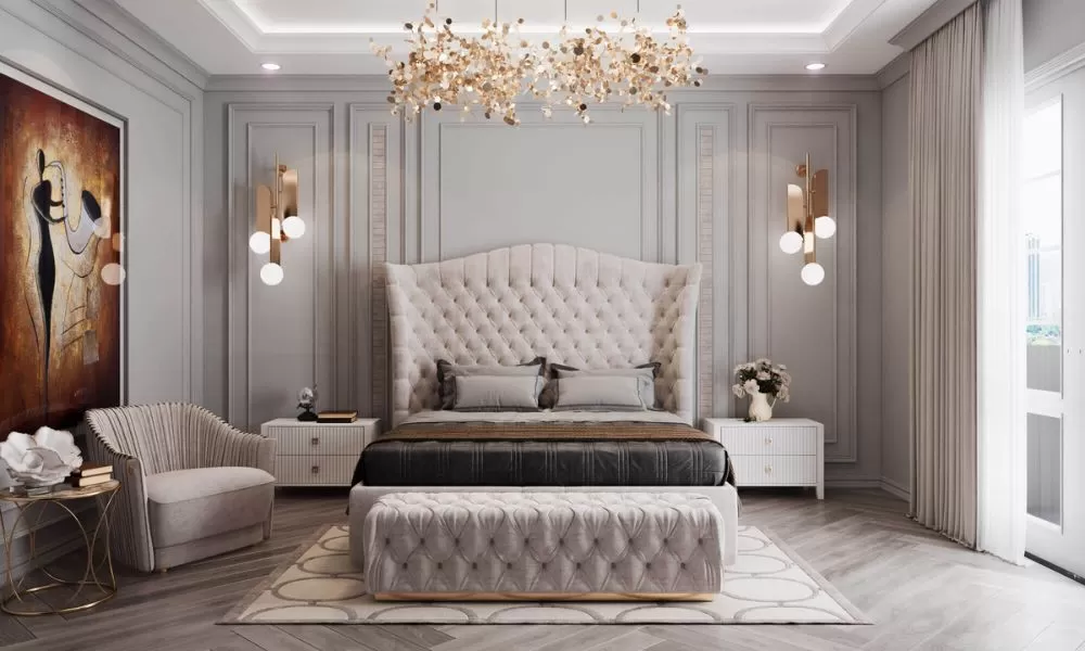 Phòng ngủ 9m2 phong cách tân cổ điển với nội thất sang trọng, hoa văn tinh tế, mang đến không gian lãng mạn và quý phái.