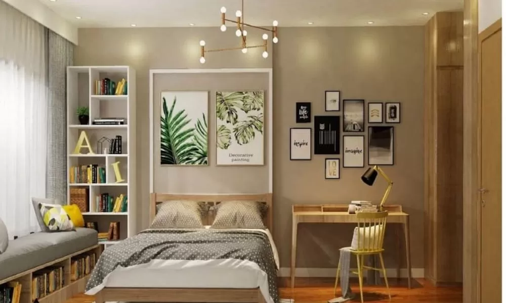 Phòng ngủ 9m2 phong cách Tropical với không gian ấm áp và màu sắc tươi sáng, tạo ra một không gian sống đẹp và thư thái.