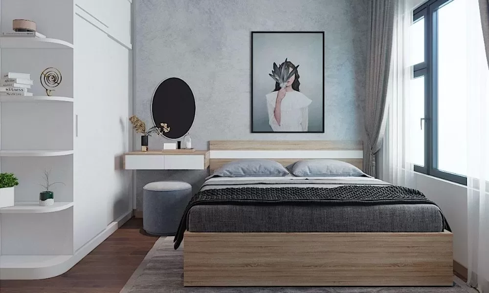 Phòng ngủ 9m2 phong cách Tropical với sự kết hợp của màu sắc tươi sáng, hoa lá và các loại cây xanh, tạo ra một không gian sống gần gũi với thiên nhiên.