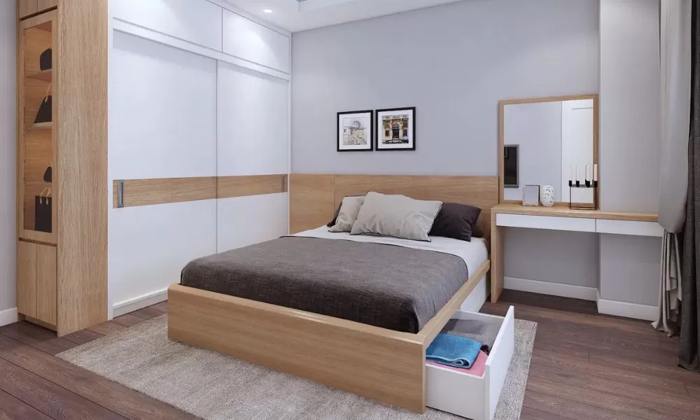 Phòng ngủ 9m2 với gam màu trắng kem chủ đạo, kết hợp đồ nội thất gỗ ấm áp, tạo nên không gian thư giãn và lãng mạn.