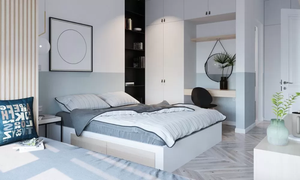 Phòng ngủ 9m2 sử dụng chất liệu gỗ tự nhiên cao cấp, mang đến vẻ đẹp sang trọng, ấm áp và gần gũi với thiên nhiên.