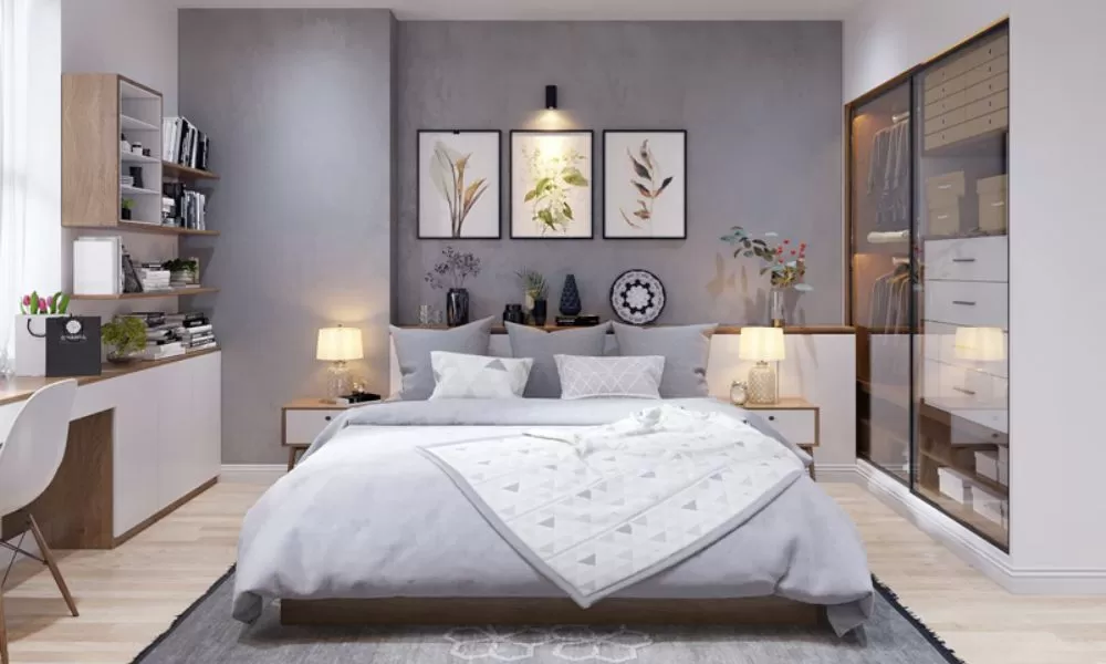 Phòng ngủ 9m2 phong cách hiện đại với gam màu xám ghi trang nhã, nội thất đơn giản, tinh tế.