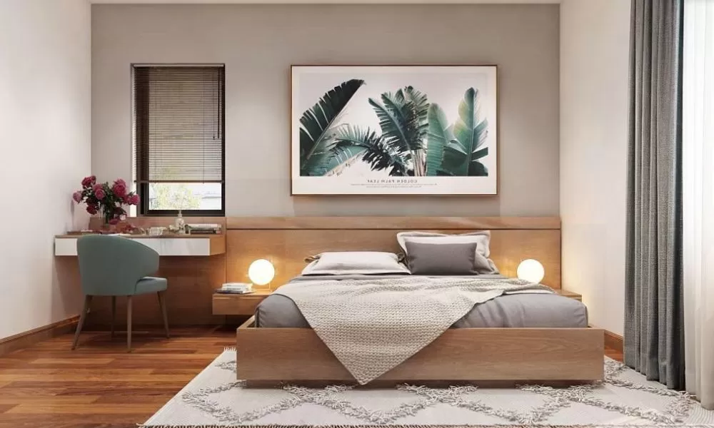 Phòng ngủ 9m2 phong cách hiện đại với sự kết hợp độc đáo giữa gam màu xám và nâu gỗ, mang đến vẻ đẹp cá tính và ấm áp.
