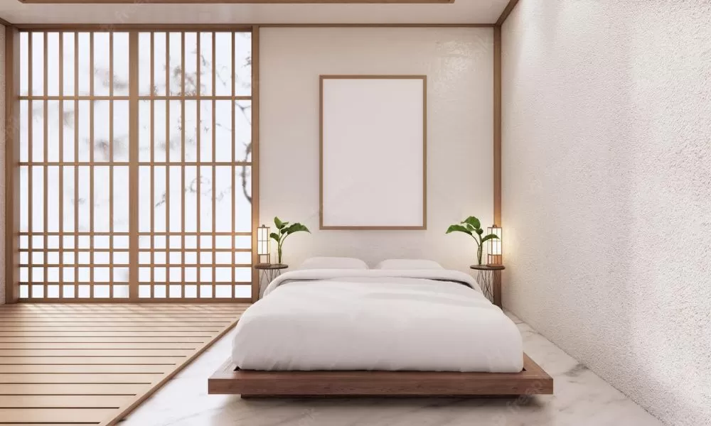 Phòng ngủ 9m2 phong cách tối giản Nhật Bản với gam màu trắng chủ đạo, nội thất gỗ tự nhiên đơn giản, tinh tế.