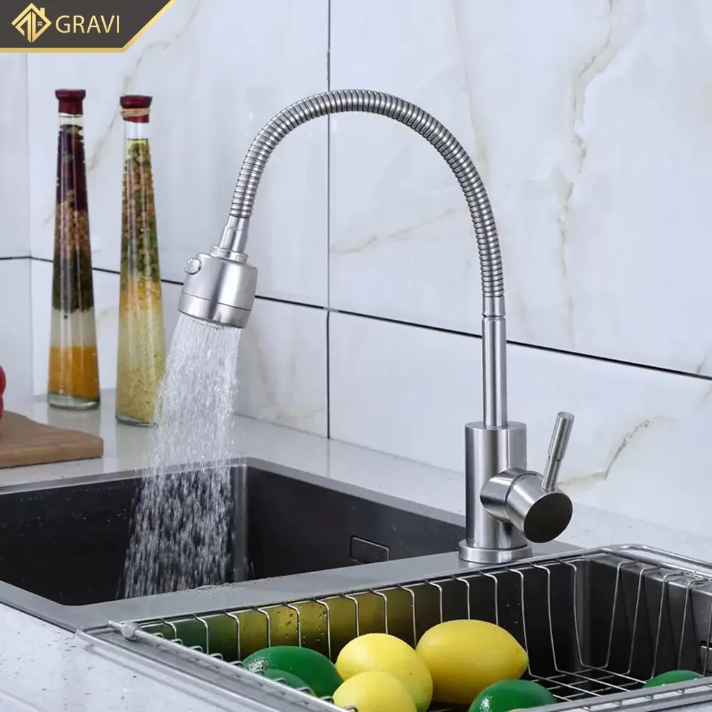 Vòi rửa chén bát xoay 360 độ tăng áp VR1L45X2 chất liệu inox 304